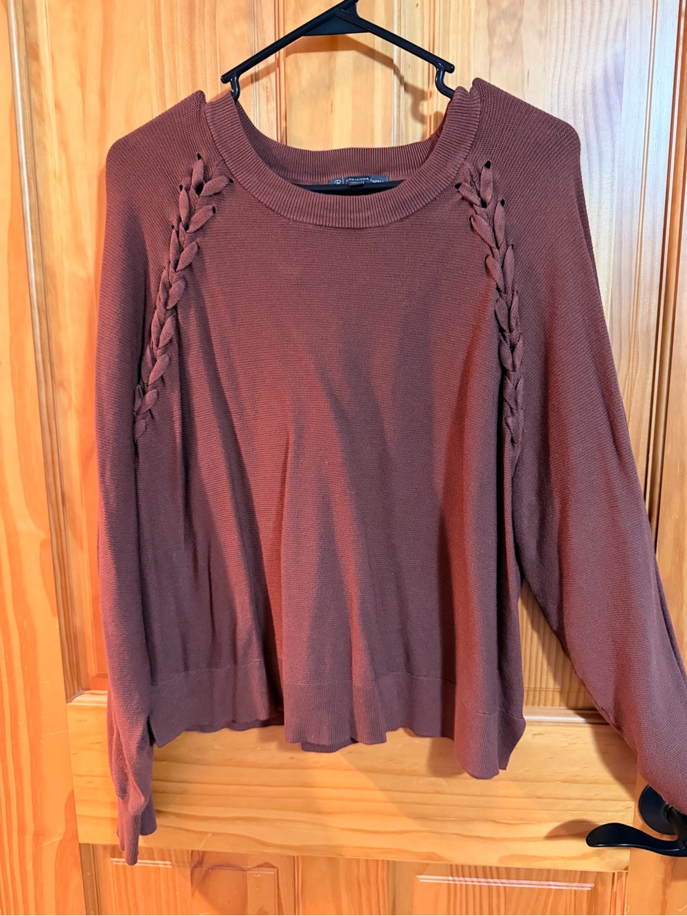 Adrianna Papell Braided-Shoulder Crewneck Sweater in Rust